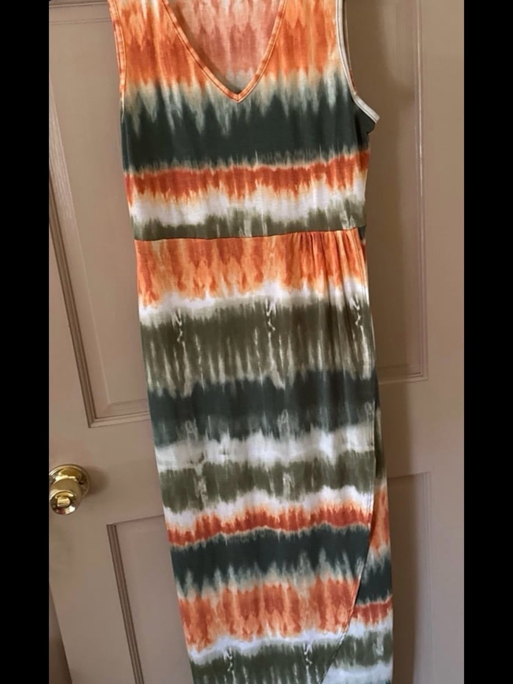 HEIMISH USA Orange, Olive & White Tie-Dye V-Neck Maxi Dress